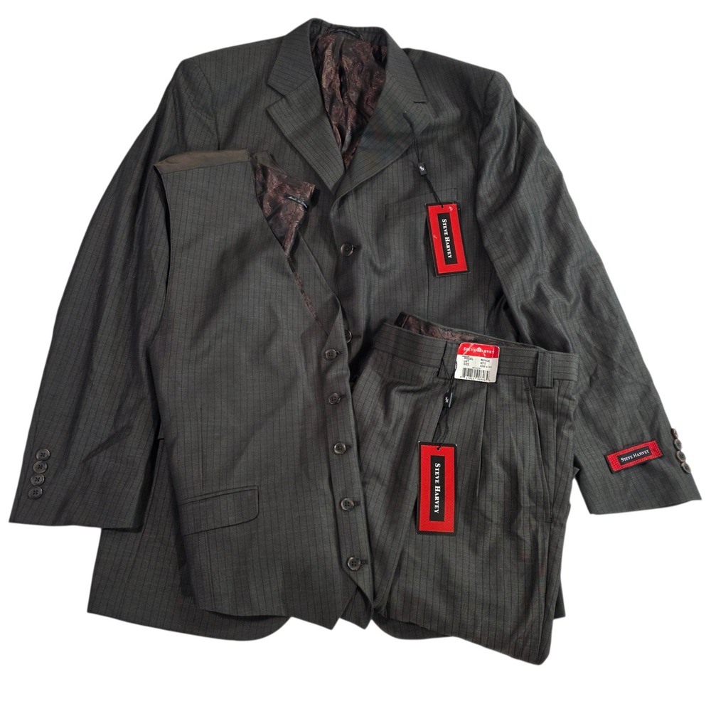 New Steve Harvey 3-Piece Suit Brown Size 42 Pinstriped Classic Formal Attire